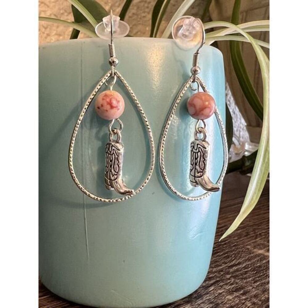 Women’s Cowboy Boot Pink Turquoise Glass Bead & Silver Tone Dangle Earrings NEW